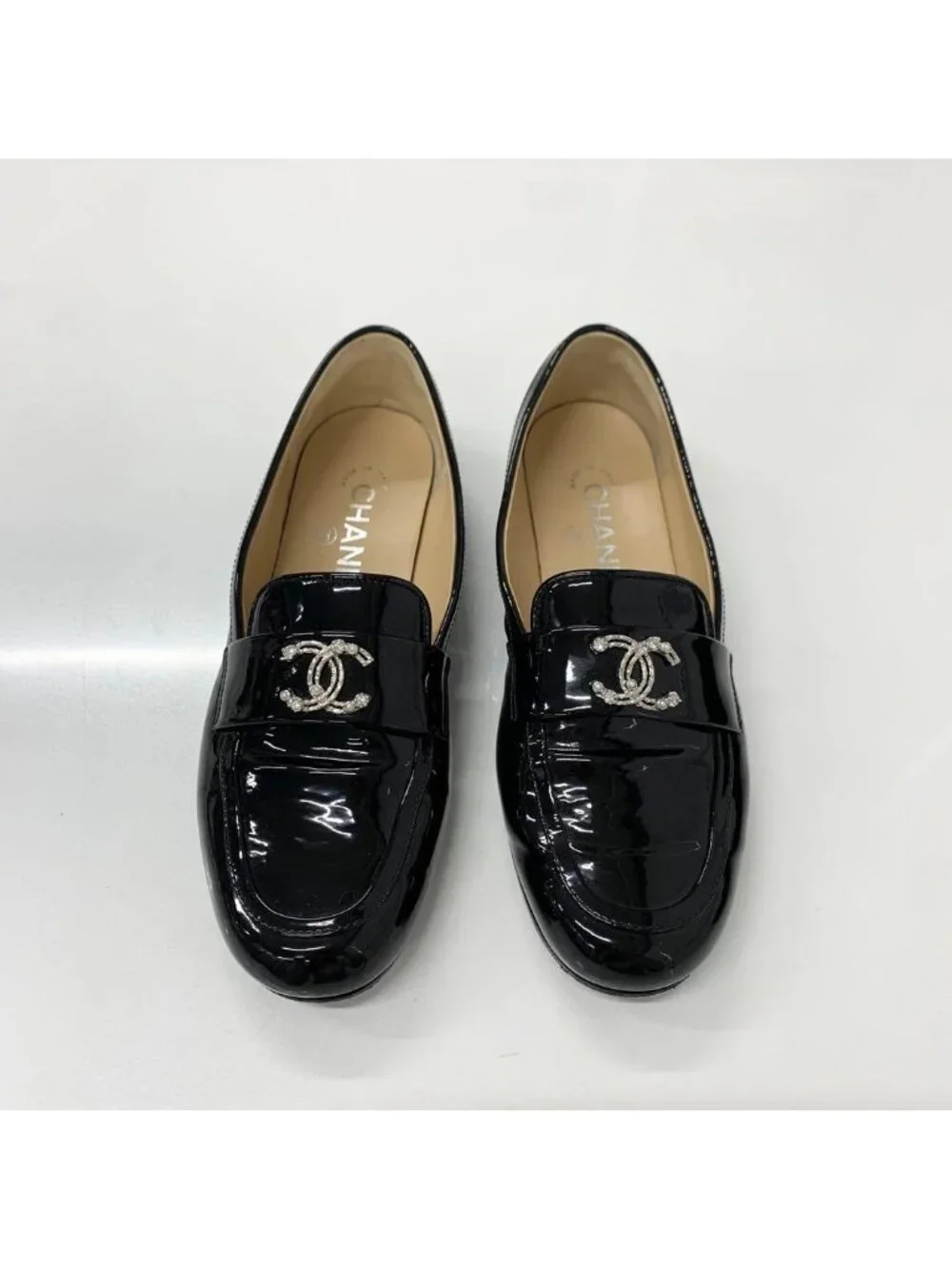 Chanel CC Logo Patent Rhinestone Pearl Loafers Black